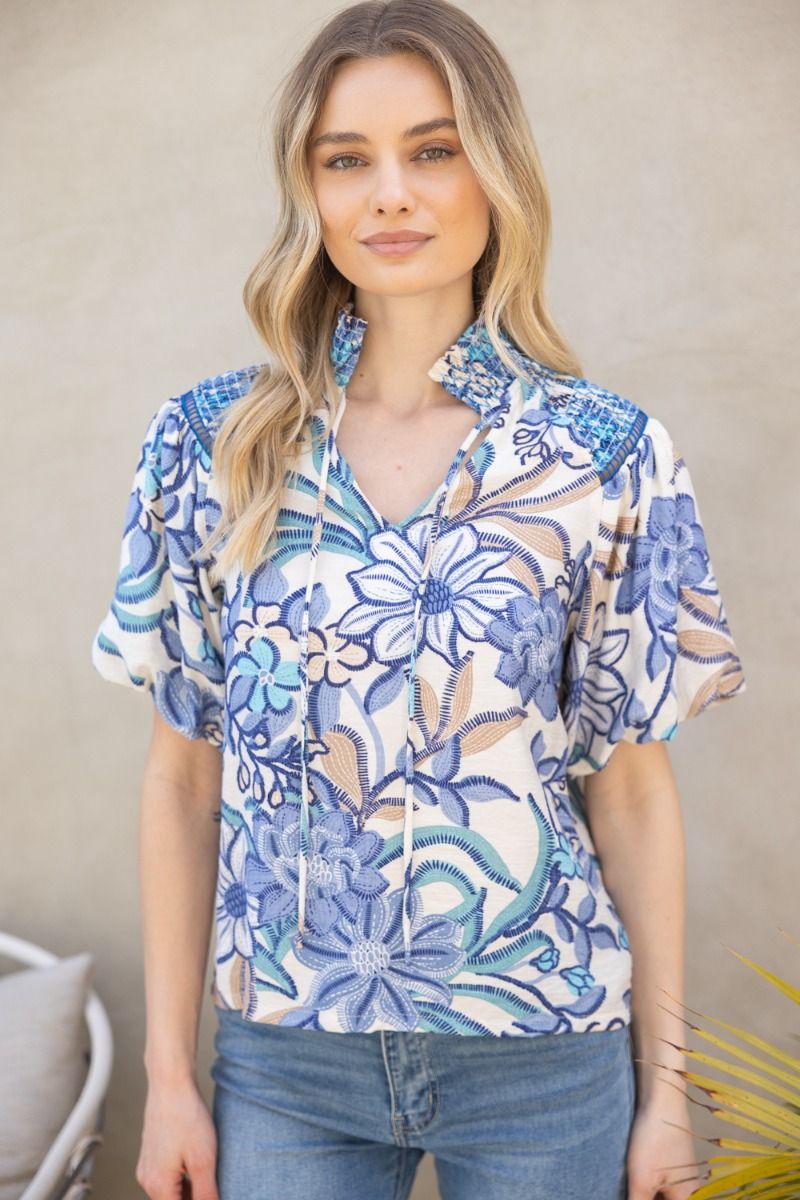 Smocked Neck Lace Detailed Printed Top