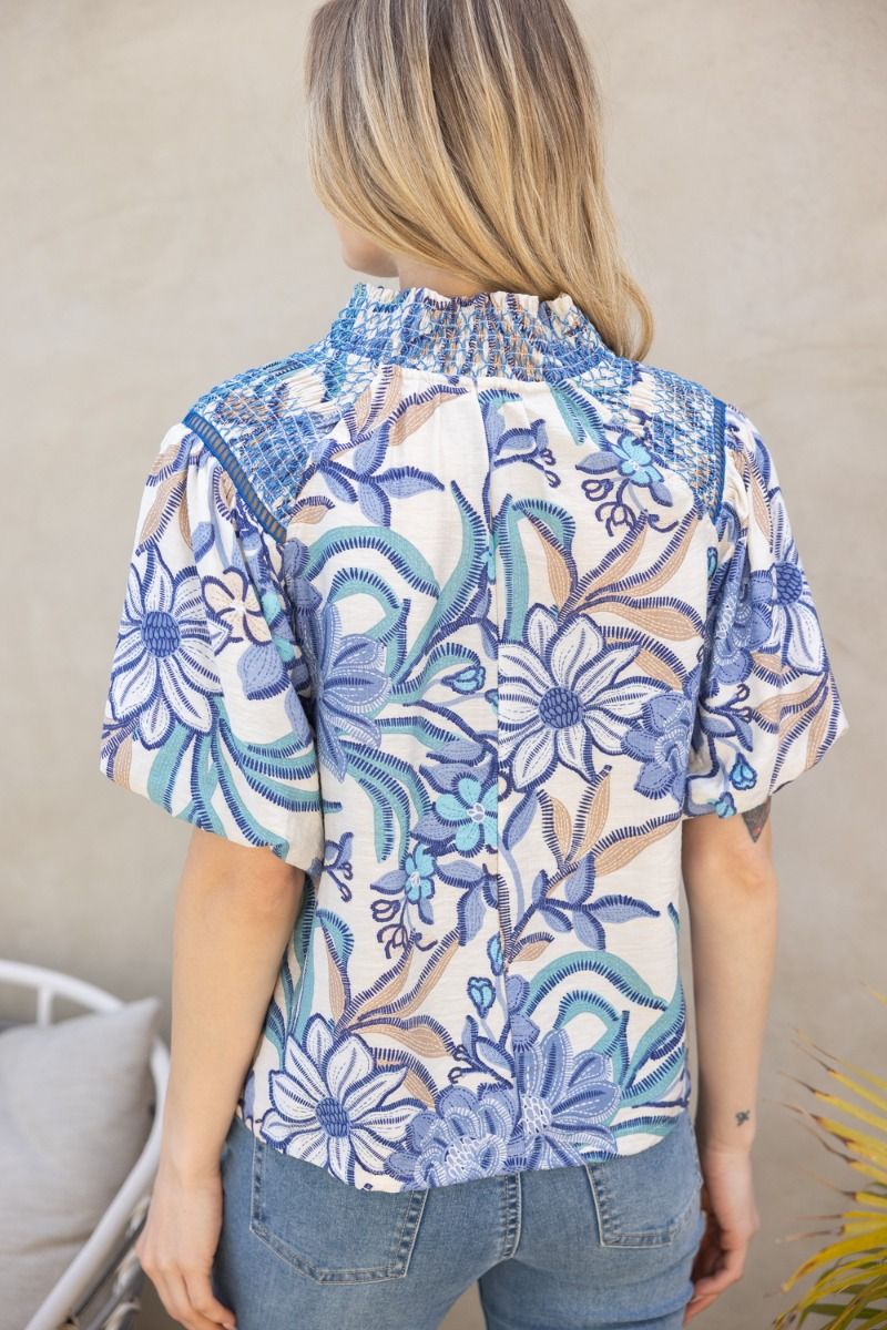 Smocked Neck Lace Detailed Printed Top
