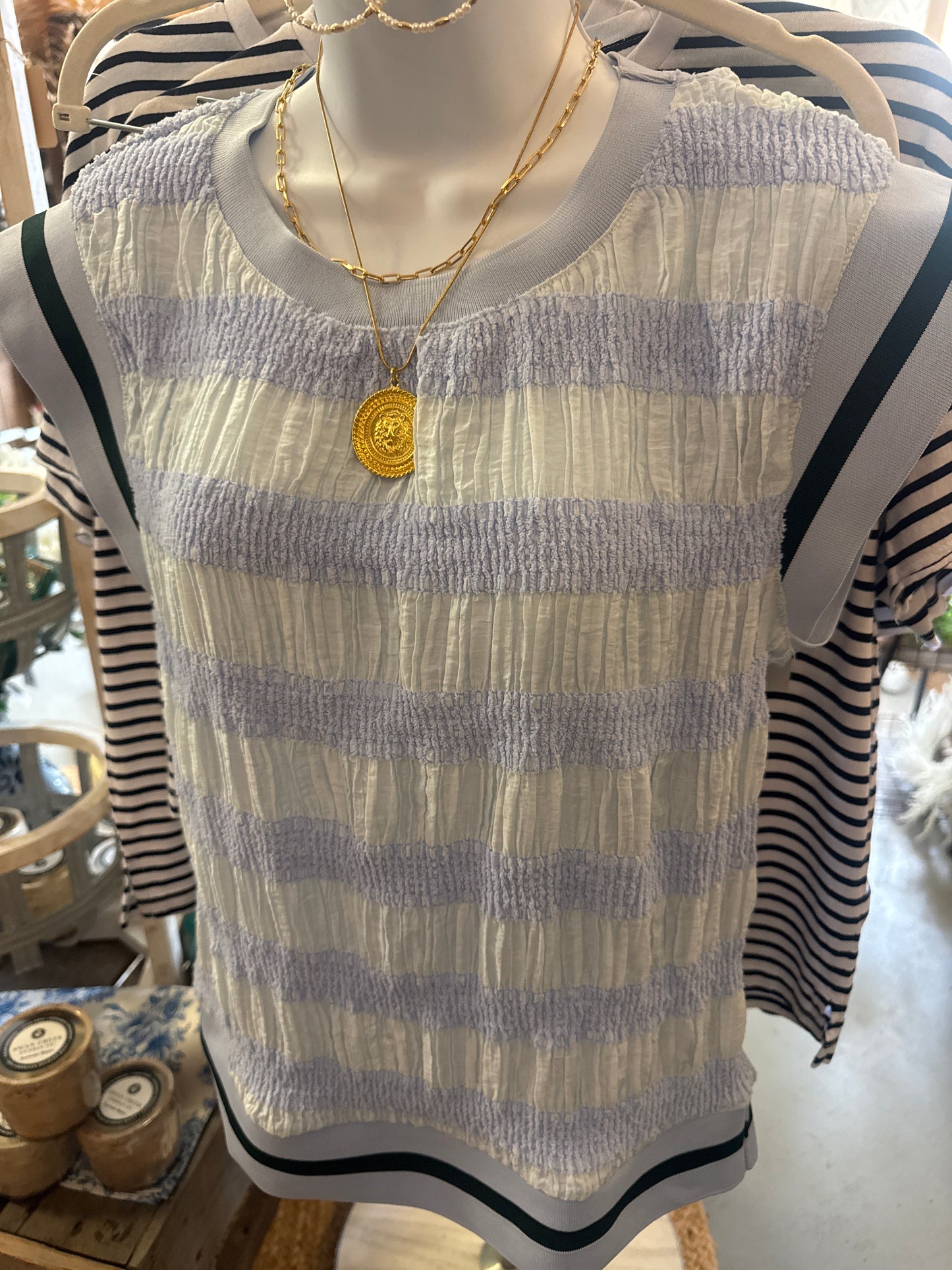 Blue Textured Stripe Top Med