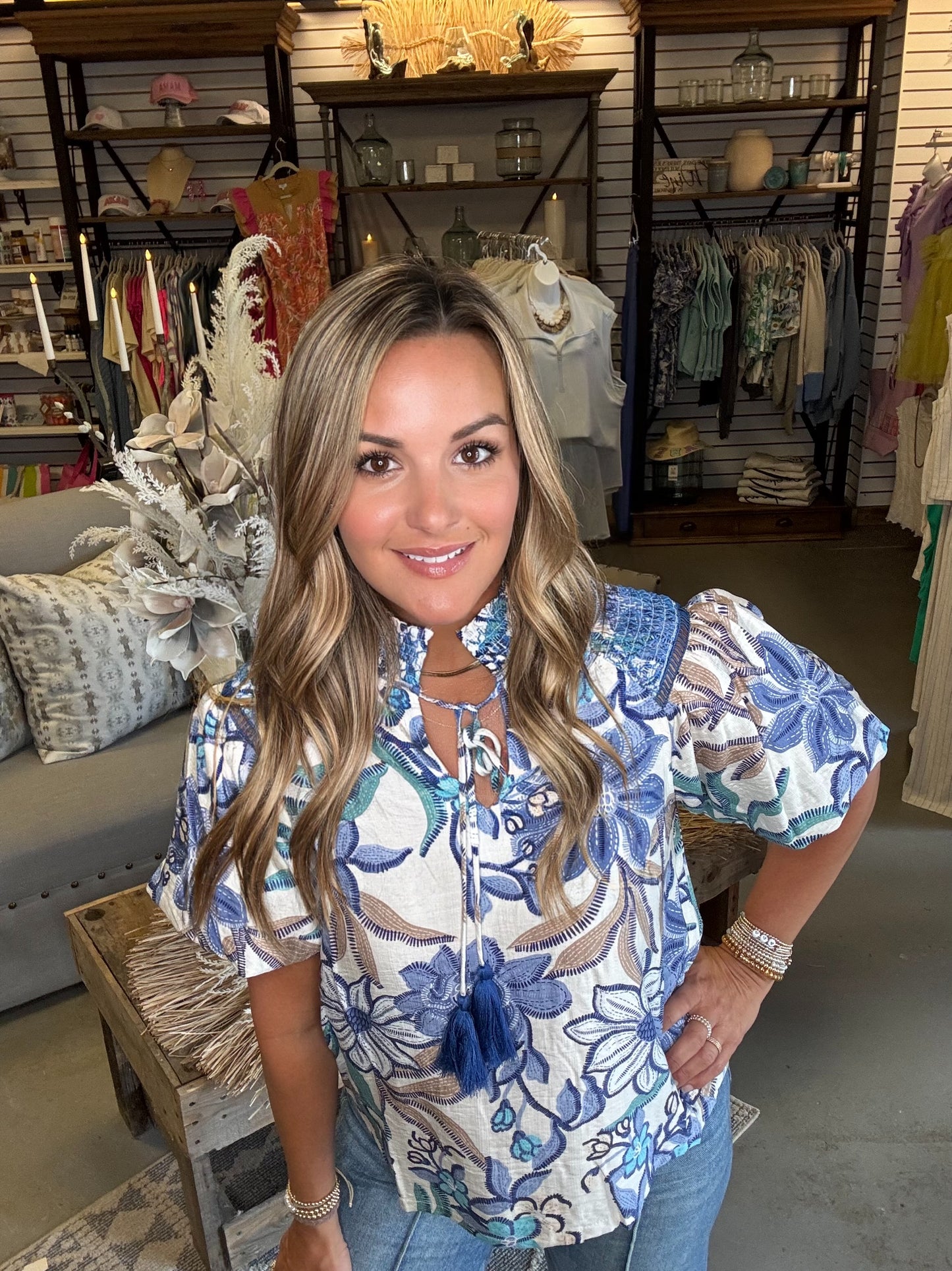 Smocked Neck Lace Detailed Printed Top