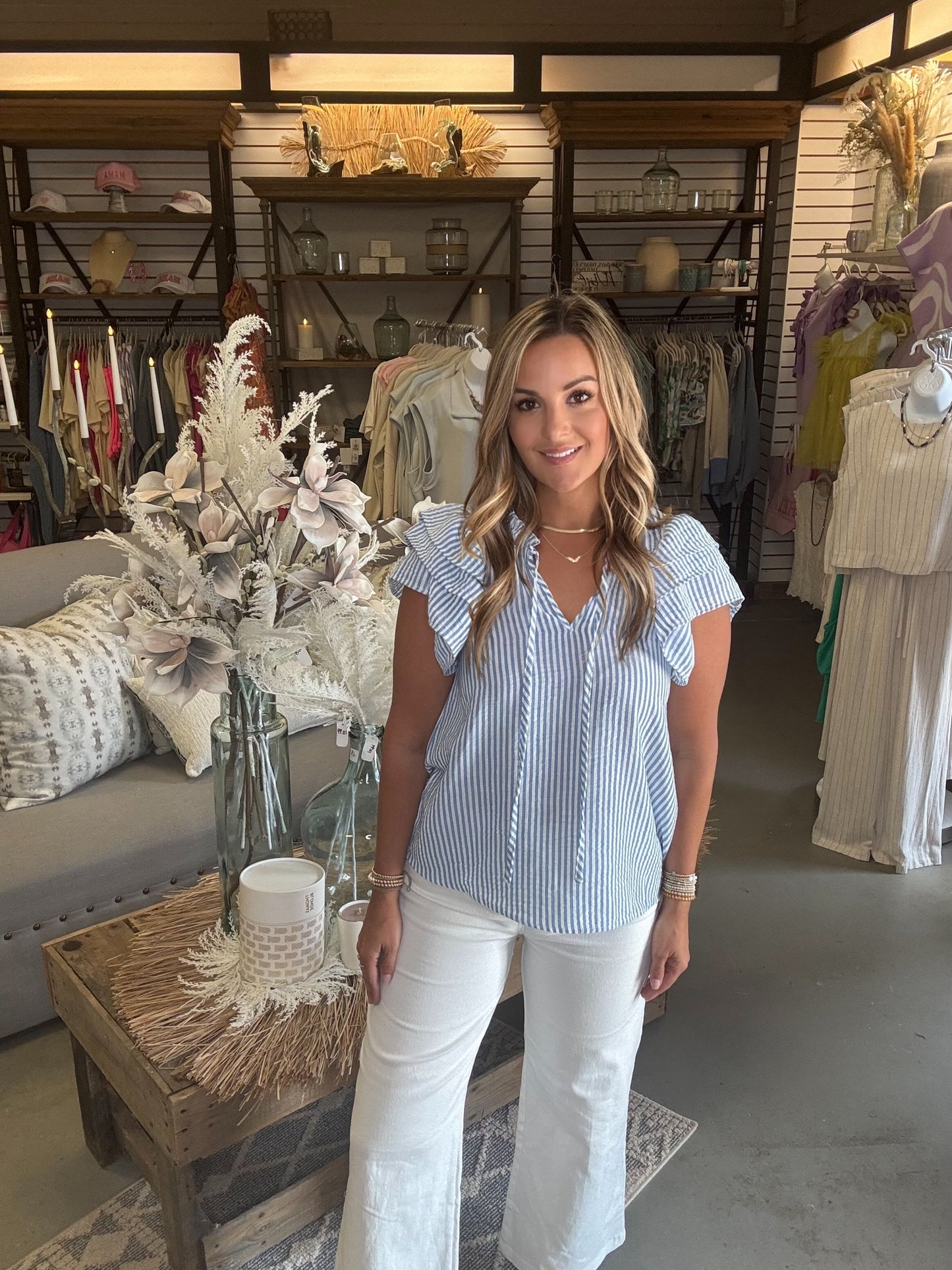 Blue Striped Ruffle Sleeve