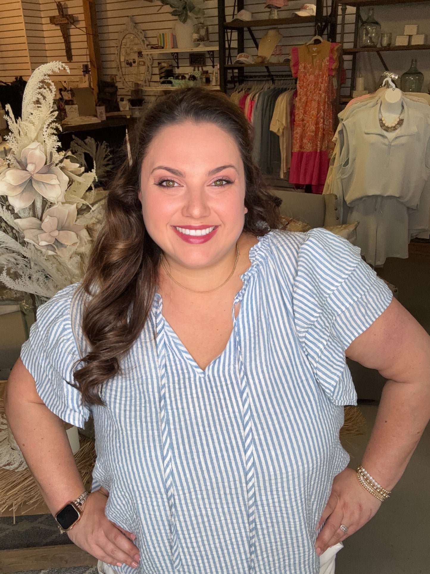Blue Striped Ruffle Sleeve