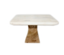 Sm. White Marble Square Cake Plate w/ Mango Wood Base 8x8"