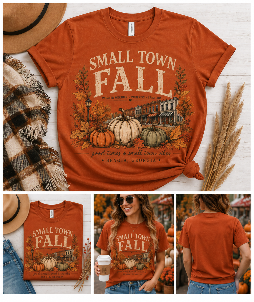 An orange short-sleeve graphic T-shirt with a fall-themed print reading 'Small Town Fall' and pumpkins, shown in a collage with lifestyle photos and styled flat-lay props.