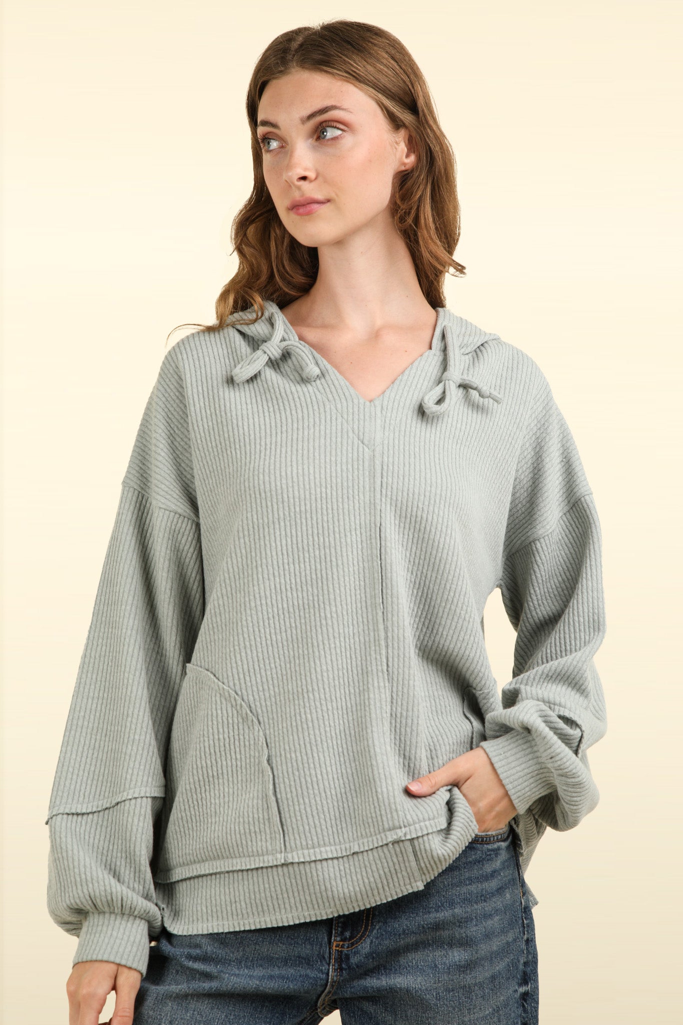 Sage Oversized Knit Casual Hoodie Top