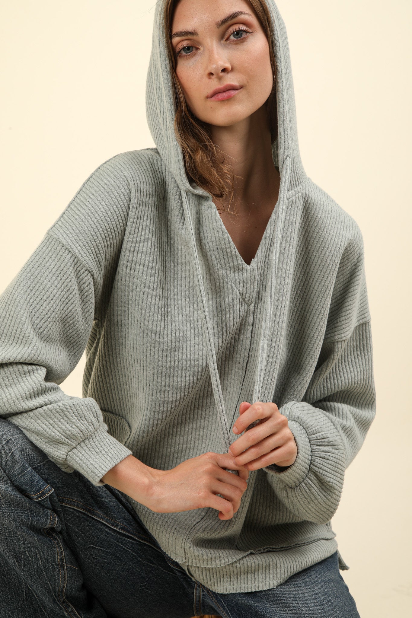 Sage Oversized Knit Casual Hoodie Top