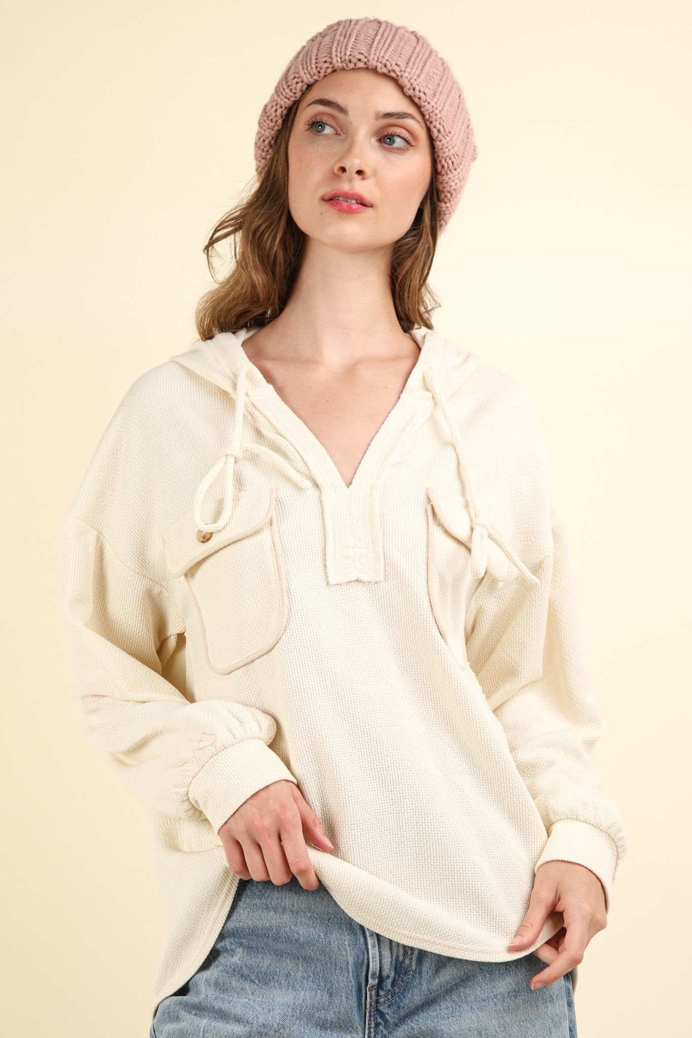 Cream Oversized Knit Casual Hoodie Top