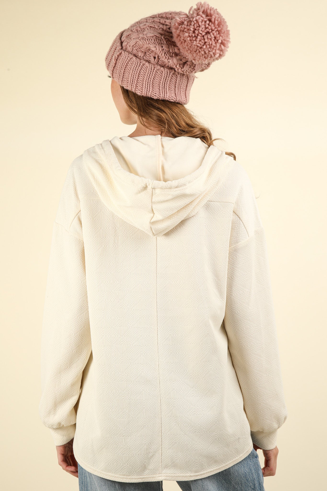 Cream Oversized Knit Casual Hoodie Top