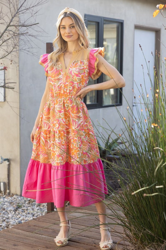 Ruffle Sleeve Floral Midi Dress