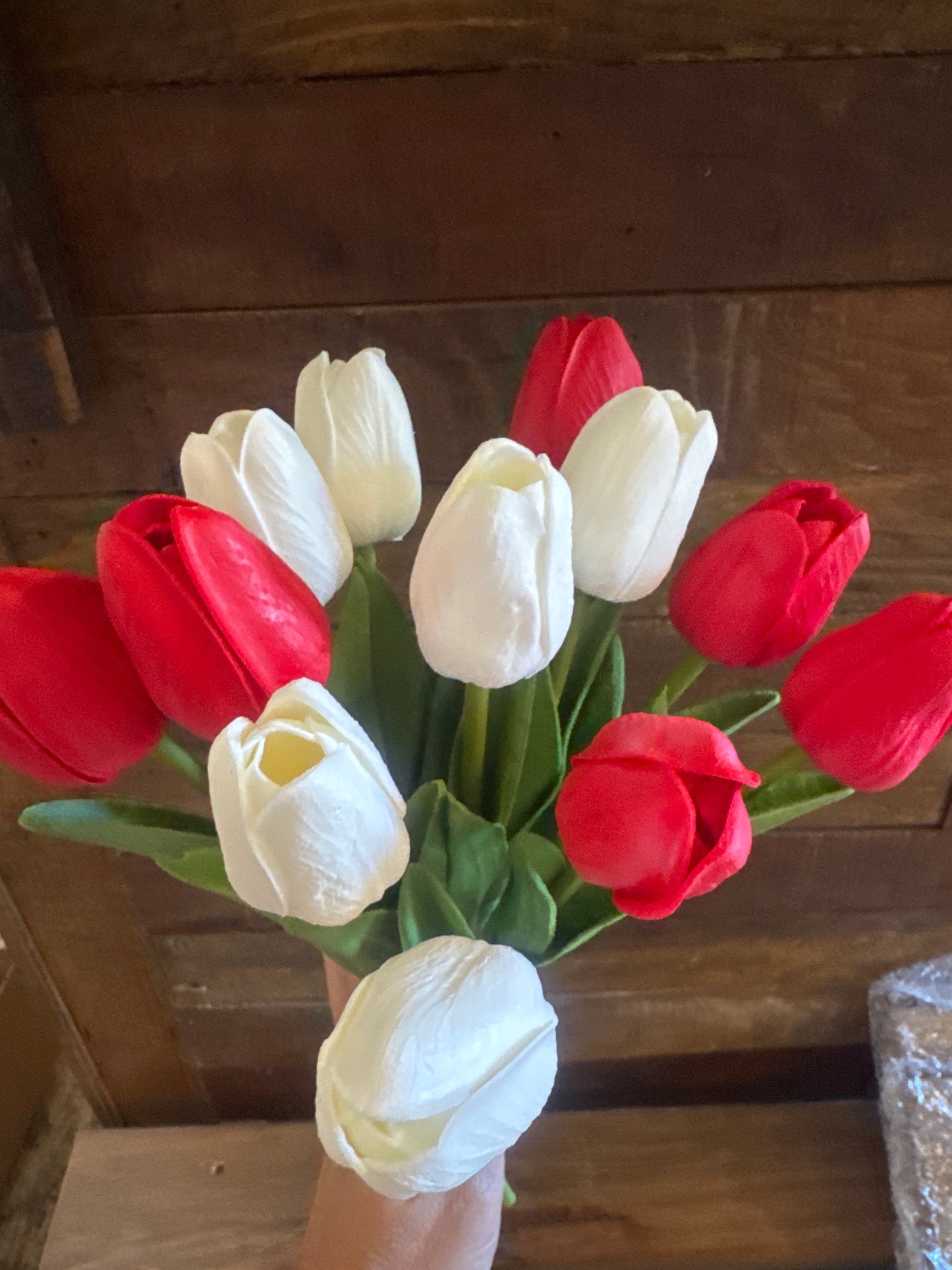 13” Real Touch White/Red Tulips