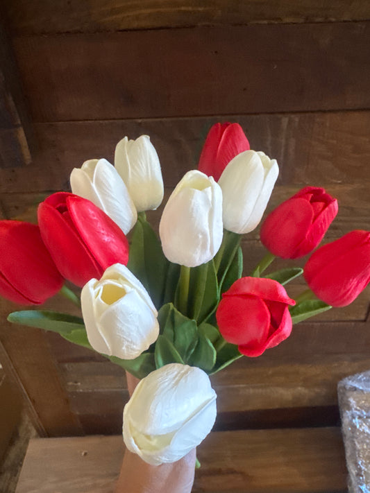 13” Real Touch White/Red Tulips