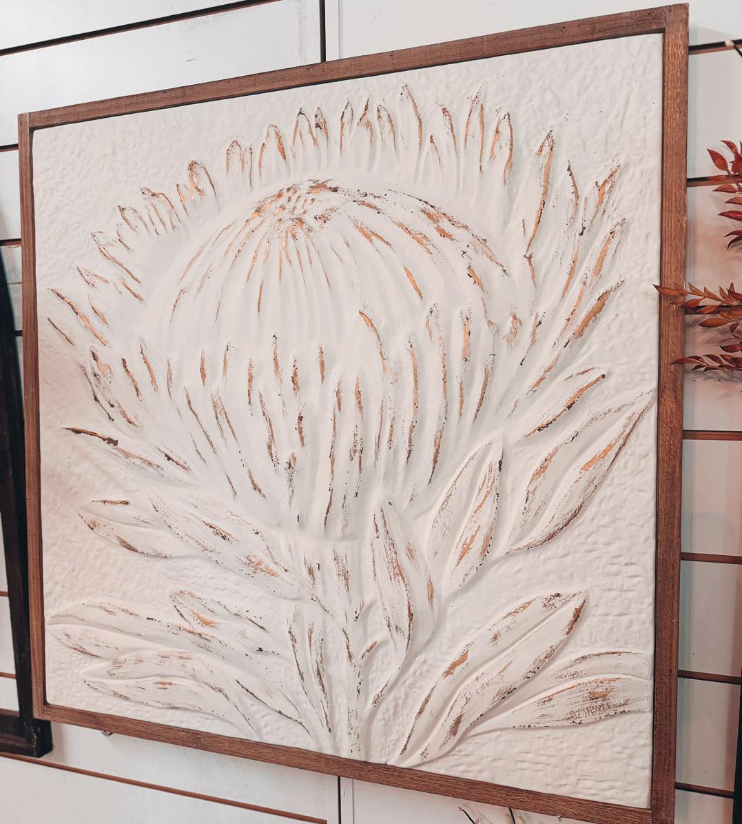 Wood Framed Metal Wall Decor with Embossed Protea ***LOCAL PICKUP ONLY***