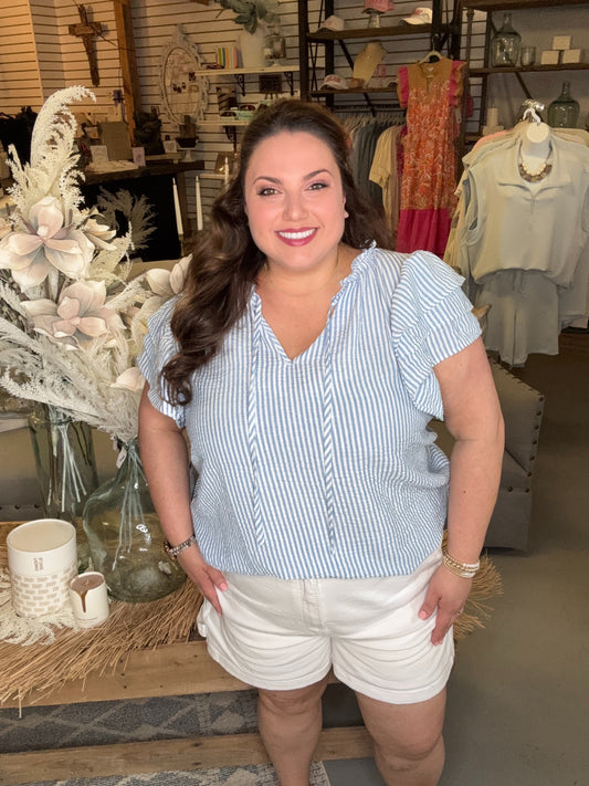 Blue Striped Ruffle Sleeve