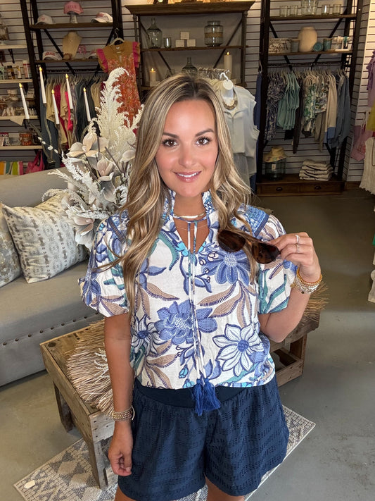 Smocked Neck Lace Detailed Printed Top