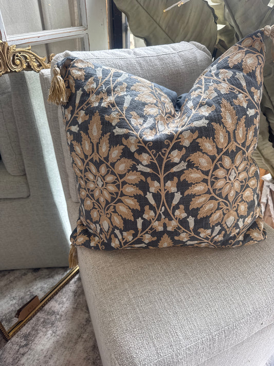 Blue & Taupe Embroidered Pillow