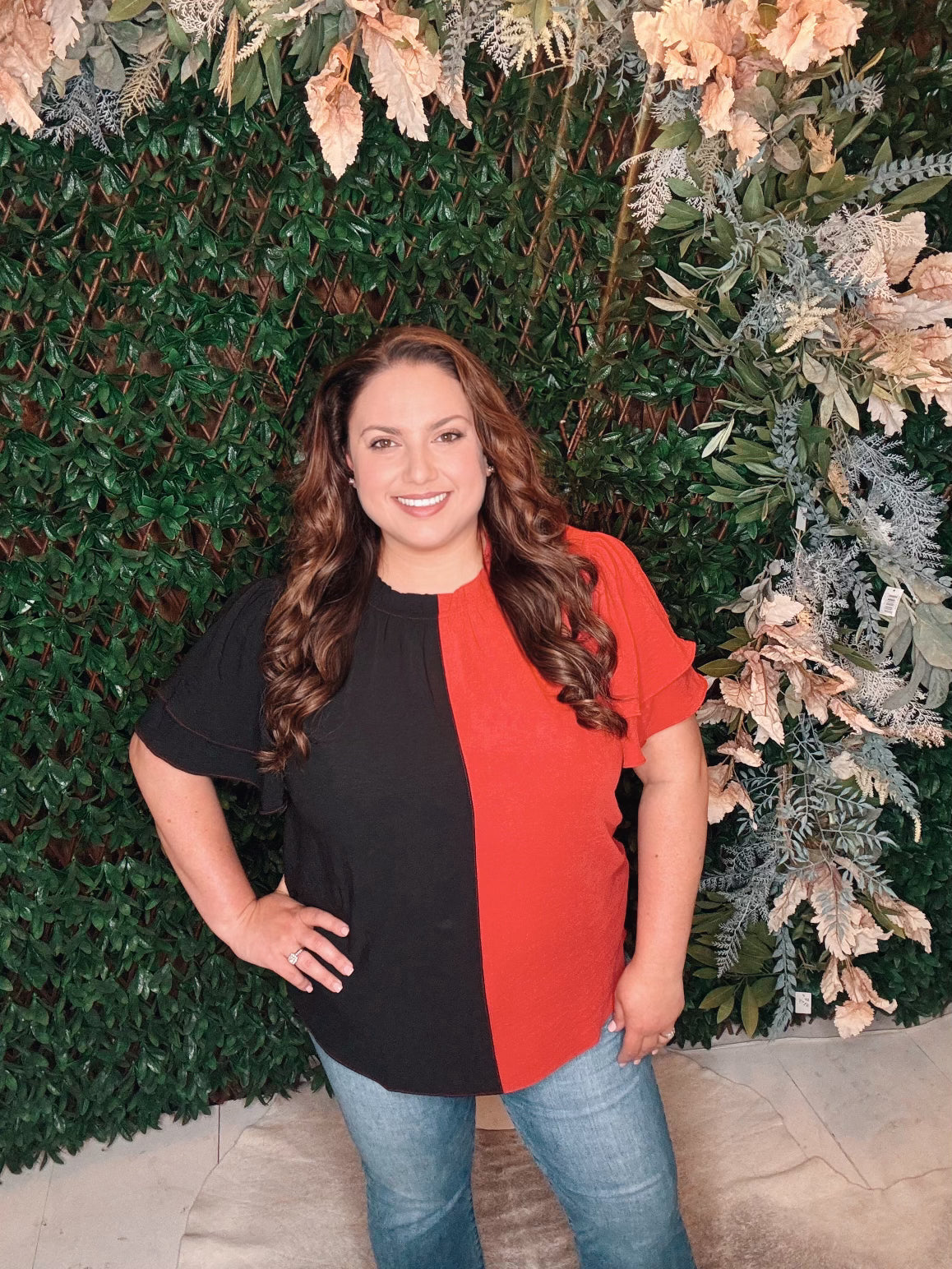 Red & Black Split Ruffle Top