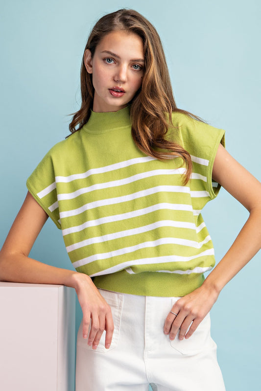 Green Striped Mock Neck