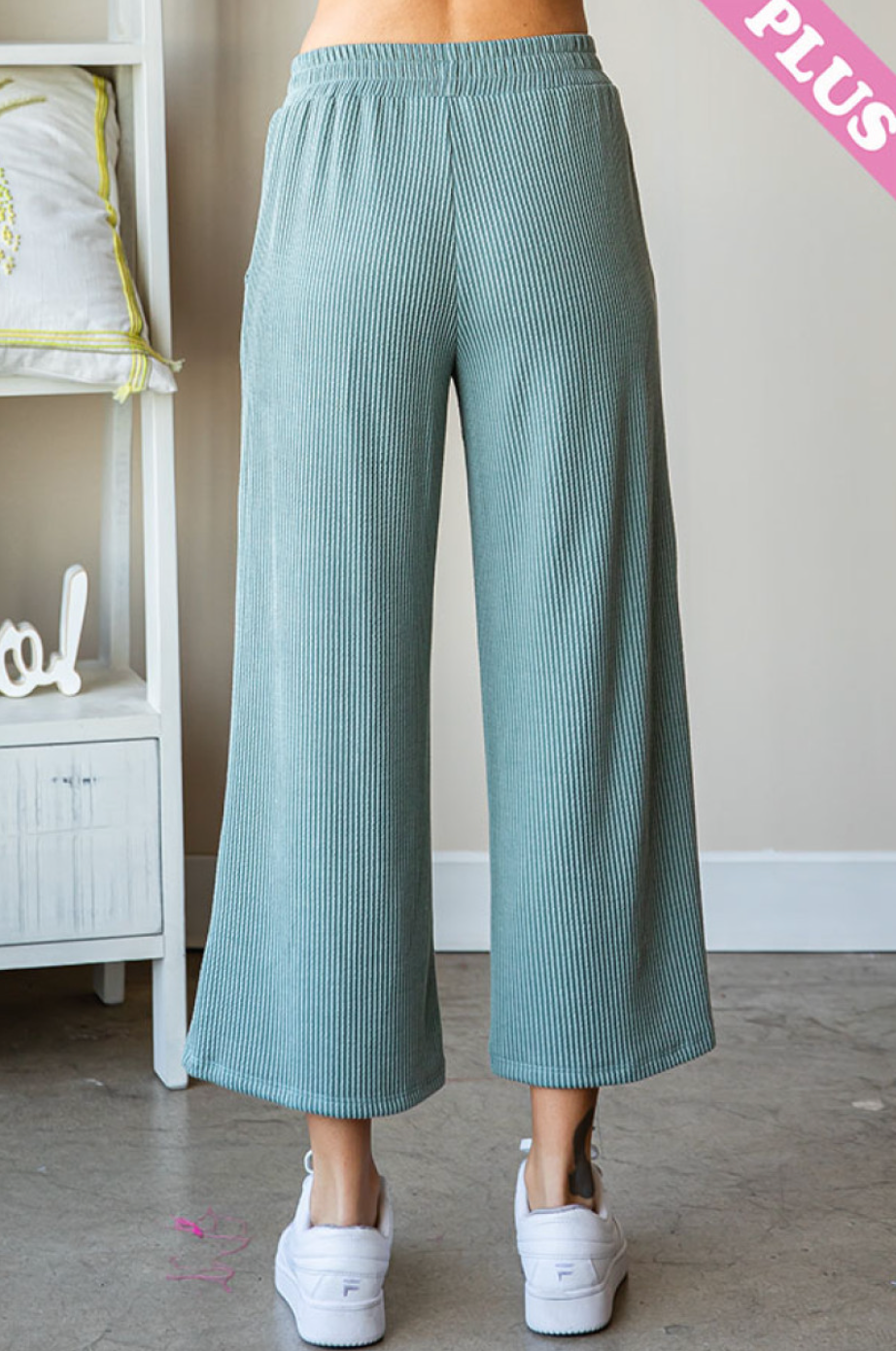 Olive Ribbed Palazzo Pants in Plus