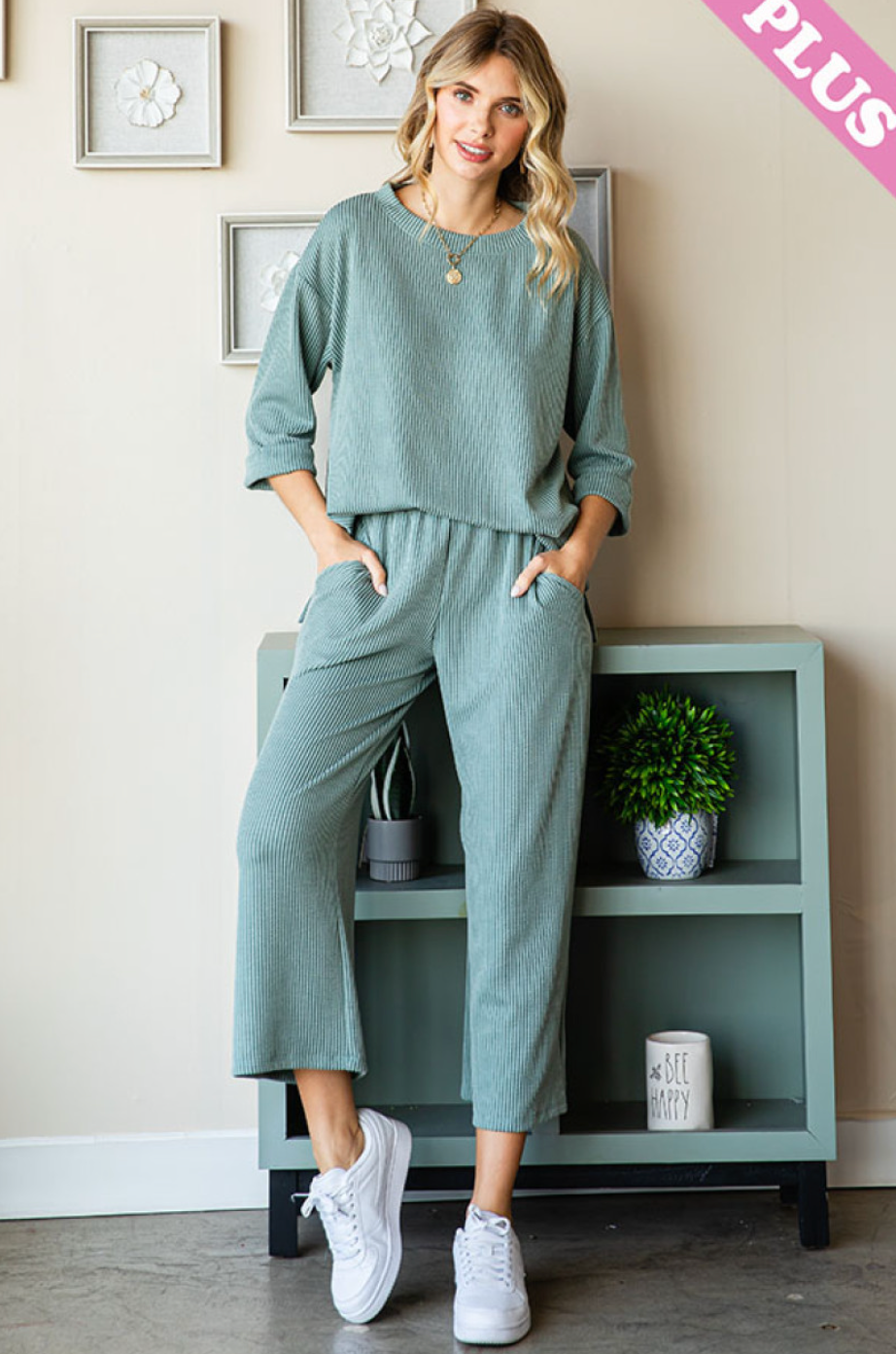 Olive Ribbed Palazzo Pants in Plus