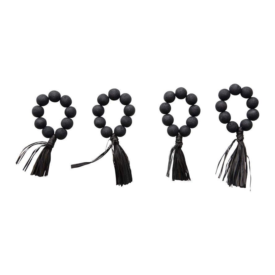 Wood Bead Napkin Rings with Raffia Tassel