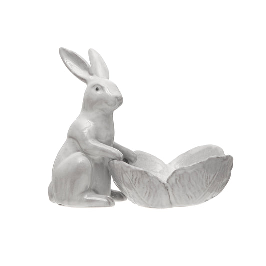 Stoneware Rabbit Figurine with Flower Shaped Bowl